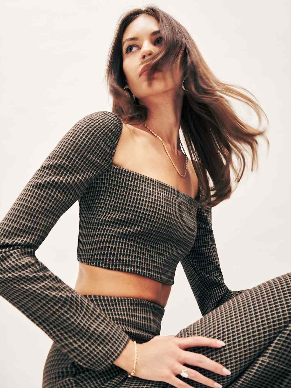 NWT Reformation ‘Ladue Knit Crop Top’ in “Brown & Black Check” Size Small